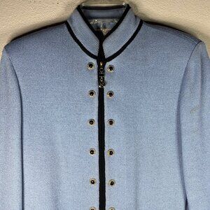 St. John Collection Marie Gray Blue & Black Zip-Front Jacket Gold Logo Pull Sz 4
